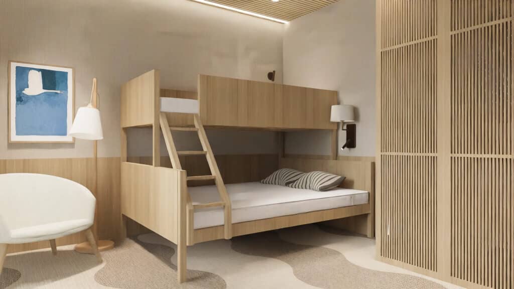 Modernes Holz-Etagenbett für Kinder in einer hellen Familien-Bude mit wellenförmigem Teppichmuster.