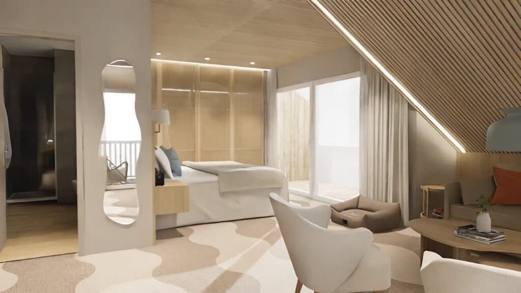 Großzügiges Hotelzimmer mit hellem Eichenholz, organischem Spiegel, wellenförmigem Teppich und einem bequemen Hundebett.