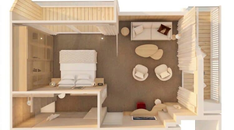 Dreidimensionale Draufsicht auf den Grundriss der Großen Bude mit offenem Wohnbereich, Doppelbett, Couch, zwei Balkonen und Badezimmer.